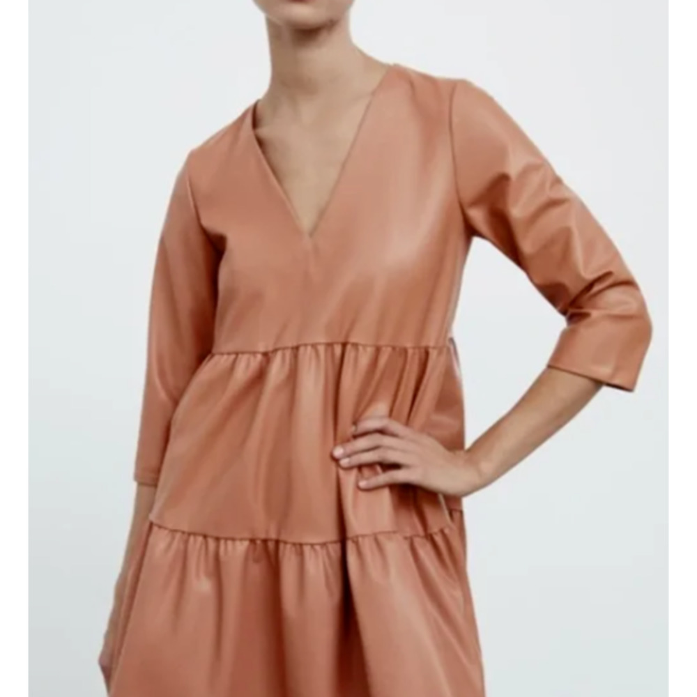 Zara Faux Leather Short Tiered Dress XS Pink Beige V-Neck Festival